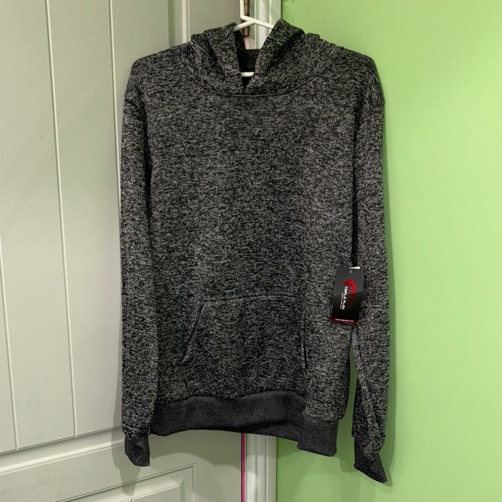 Heather gray men’s pullover hoodie with 
Fleece interior sweatshirt , medium